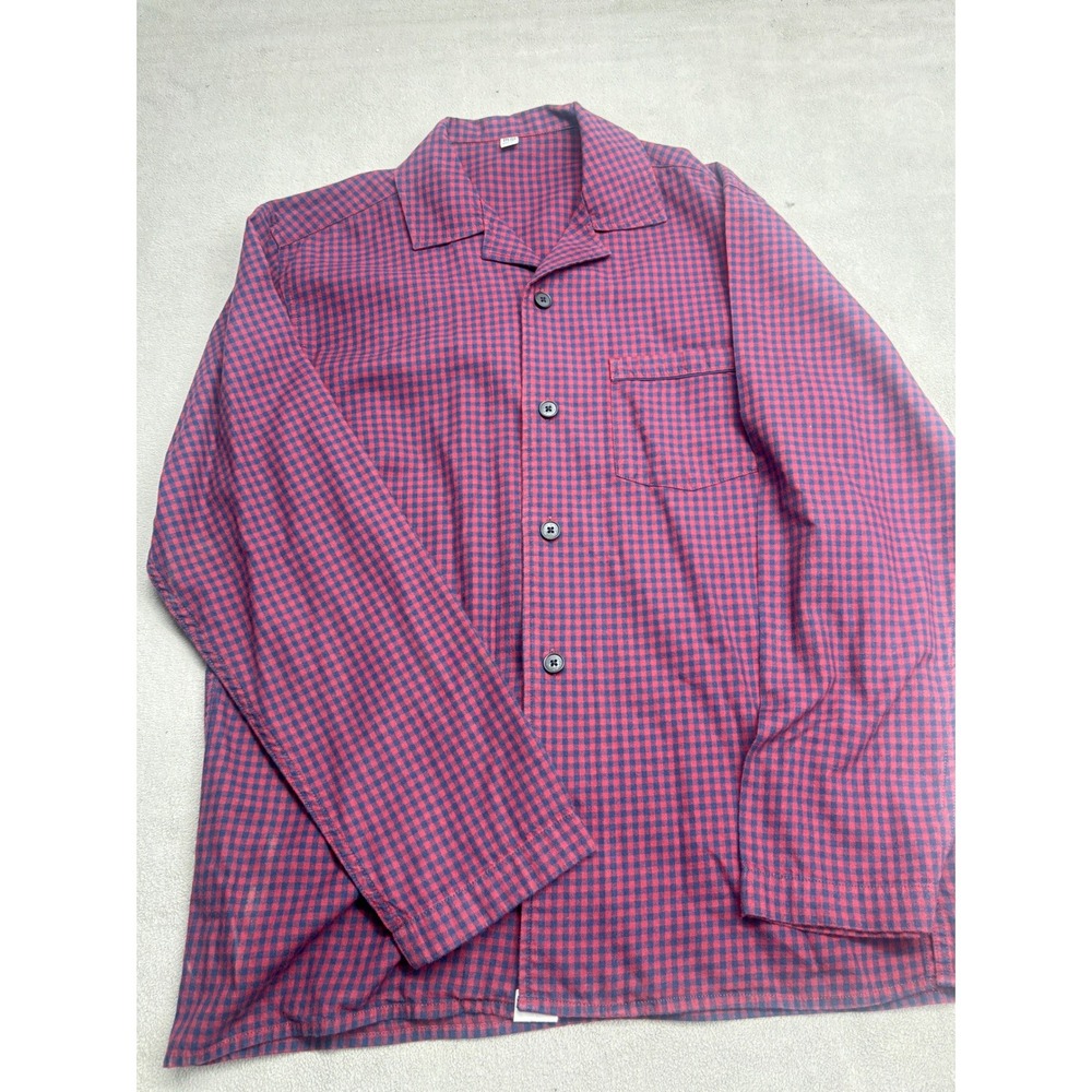 Uniqlo Mens Small Gingham Check Camp Collar Button Up Shirt Burgundy Navy Blue
